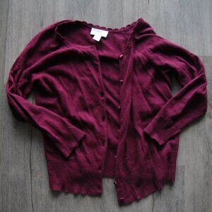 LOFT Cherry Red Wine Women's Small Cardigan Scallop Neck
